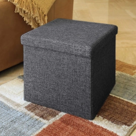 30X30X30 cm Folding Storage Ottoman Cube Footrest Stool Coffee Table Puppy Step Top Organizer Box Pouf Chest Single Seat- Linen Grey