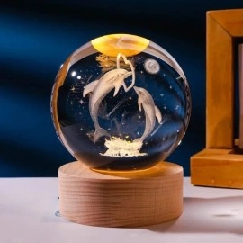 3D Dolphin Crystal Ball Night Light, LED Solar System Crystal Ball Night Light with Wooden Base, Dolphin Crystal Ball Lamp for Children, Friends Birthday Gifts, Novelty Home and Room Decor.