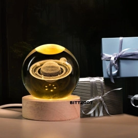 3D Galaxy Crystal Ball Night Lamp,Solar System Crystal Ball Night Light, USB Table Colorful LED Wooden Crystal Ball for Home Decoration Birthday Gift for Teens Boys and Girls (Saturn)
