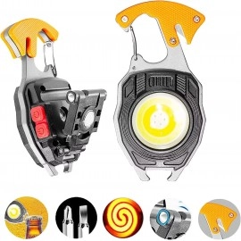 4 IN1 Keychain Rechargeable Led Flashlights with Lighter, Whistles, Screwdriver, Bottle Opener, Magnet Base 800 Lumens COB Light Portable Emergency Light for Outdoor Hiking Campaign