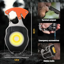4 IN1 Keychain Rechargeable Led Flashlights with Lighter, Whistles, Screwdriver, Bottle Opener, Magnet Base 800 Lumens COB Light Portable Emergency Light for Outdoor Hiking Campaign