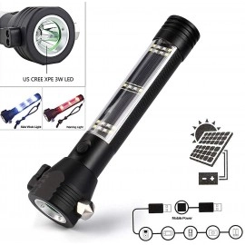 7 Mode Rechargeable Aluminium Solar LED Torch Light, Power Long Distance with Torch Flashlight Use for Car Emergency Tool with Window Breaker, Magnet, Cutter, Compass (Black) (7 Mode)