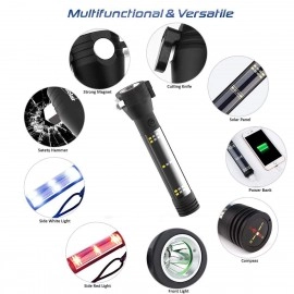 7 Mode Rechargeable Aluminium Solar LED Torch Light, Power Long Distance with Torch Flashlight Use for Car Emergency Tool with Window Breaker, Magnet, Cutter, Compass (Black) (7 Mode)