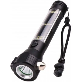 7 Mode Rechargeable Aluminium Solar LED Torch Light, Power Long Distance with Torch Flashlight Use for Car Emergency Tool with Window Breaker, Magnet, Cutter, Compass (Black) (7 Mode)