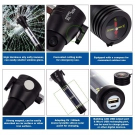 7 Mode Rechargeable Aluminium Solar LED Torch Light, Power Long Distance with Torch Flashlight Use for Car Emergency Tool with Window Breaker, Magnet, Cutter, Compass (Black) (7 Mode)