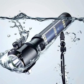 7 Mode Rechargeable Aluminium Solar LED Torch Light, Power Long Distance with Torch Flashlight Use for Car Emergency Tool with Window Breaker, Magnet, Cutter, Compass (Black) (7 Mode)