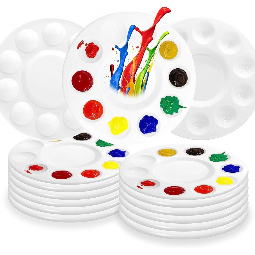 CREDLY Paint Tray Palettes 10-Well Round Plastic Pallets Paint Holder for Acrylic Oil Watercolor Art Painting & DIY Craft - Paint Party Supplies for Kids Students & Beginners (Medium, 10)
