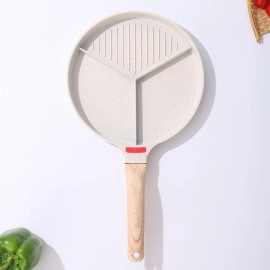Non-Stick Frying Pan with 3 Compartment Wooden Handle Harmless Breakfast Pancake Maker Egg Patty Fry Pan Burger Eggs Ham Omelet Pan