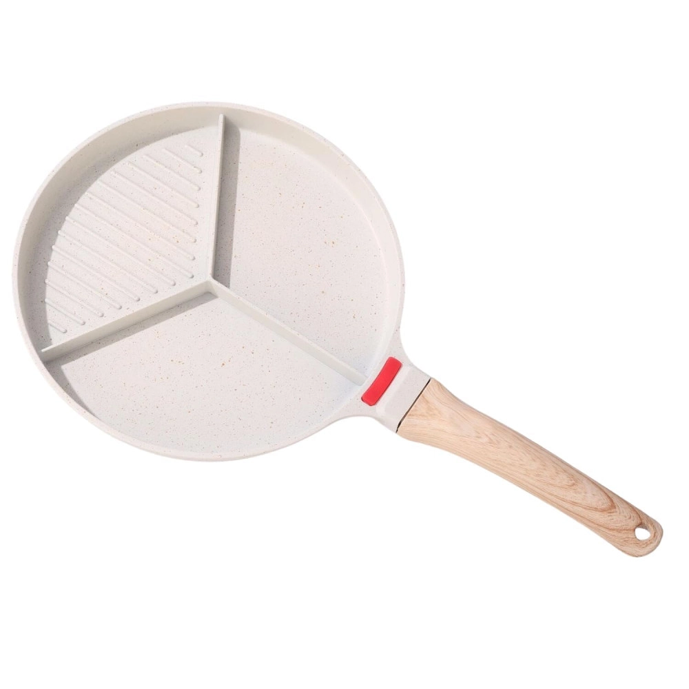 Non-Stick Frying Pan with 3 Compartment Wooden Handle Harmless Breakfast Pancake Maker Egg Patty Fry Pan Burger Eggs Ham Omelet Pan