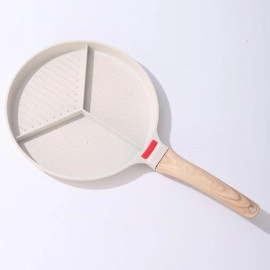 Non-Stick Frying Pan with 3 Compartment Wooden Handle Harmless Breakfast Pancake Maker Egg Patty Fry Pan Burger Eggs Ham Omelet Pan