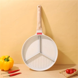 Non-Stick Frying Pan with 3 Compartment Wooden Handle Harmless Breakfast Pancake Maker Egg Patty Fry Pan Burger Eggs Ham Omelet Pan
