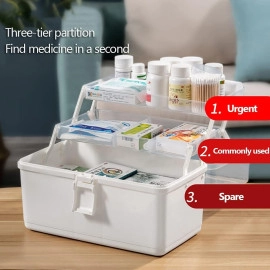 Medicine Box, Plastic Medical Storage Box, Family Emergency Kit Medical Kit, 3-Tier Home First Aid Box Organizer Pill Case with Compartments and Handle (Miltocolour) (MEDICINE BOX MULTILAYER)