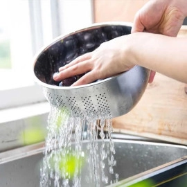 Heavy Quality Stainless Steel Colander Rice Washing Bowl with Side Doted Design Drainer Basket Ideal for Kitchen Tools Vegetables, Rice, Fruits (23cm, Silver)