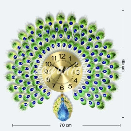 Luxury Metal Peacock Design Wall Clock | Non Ticking Decorative Clock | Modern Silent Clock for Living Room | Crystal Diamond Mute Wall Clock | Attractive Analog Clock (Analog)