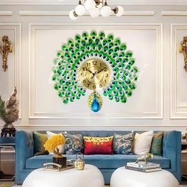 Luxury Metal Peacock Design Wall Clock | Non Ticking Decorative Clock | Modern Silent Clock for Living Room | Crystal Diamond Mute Wall Clock | Attractive Analog Clock (Analog)