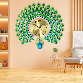 Luxury Metal Peacock Design Wall Clock | Non Ticking Decorative Clock | Modern Silent Clock for Living Room | Crystal Diamond Mute Wall Clock | Attractive Analog Clock (Analog)