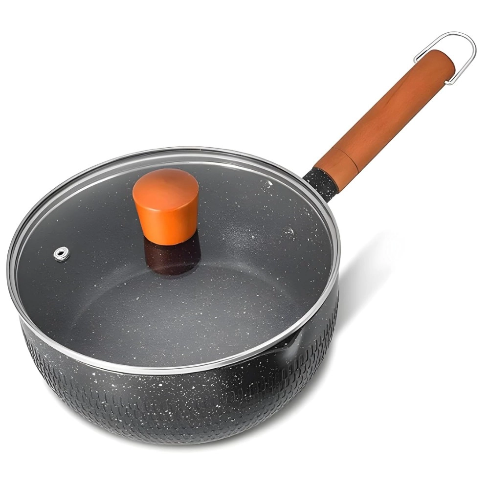 3L Non-Stick Sauce Pan with Glass Lid and Wooden Handle | Boiling Pot for Meat Vegetables Eggs Fish Fajitas Pancakes/Crepes | Suitable for All Types of Gas and Induction Base Stoves