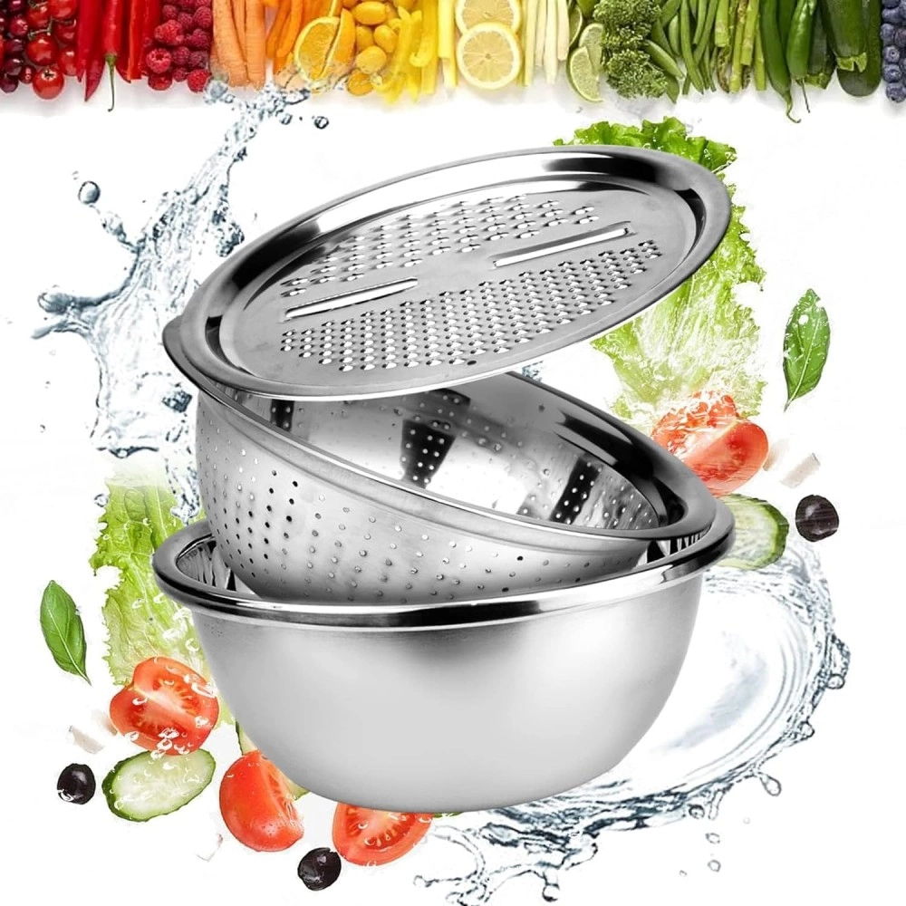 Stainless Steel Vegetable Drainer Strainer Cutter Kitchen Basin Bowl Set | Cheese Grater and Salad Maker Drain Basket | Colander for Fruits and Washing Vegetables (1 Piece)