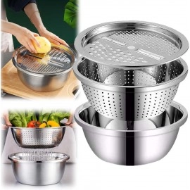 Stainless Steel Vegetable Drainer Strainer Cutter Kitchen Basin Bowl Set | Cheese Grater and Salad Maker Drain Basket | Colander for Fruits and Washing Vegetables (1 Piece)