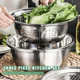 Stainless Steel Vegetable Drainer Strainer Cutter Kitchen Basin Bowl Set | Cheese Grater and Salad Maker Drain Basket | Colander for Fruits and Washing Vegetables (1 Piece)