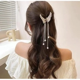 Korean Style Pearl Metal Hair Clutcher Golden Butterfly with tussle hair Claw Clip Hair Accessories for Women Girls Butterfly Hair Clips (1-Pcs)