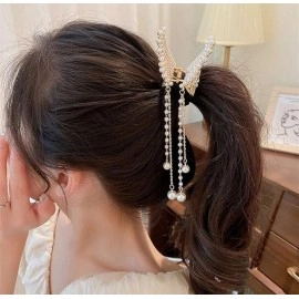 Korean Style Pearl Metal Hair Clutcher Golden Butterfly with tussle hair Claw Clip Hair Accessories for Women Girls Butterfly Hair Clips (1-Pcs)