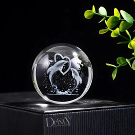 3D Galaxy Crystal Ball Night Light Creative Engraved Aesthetic Ball Dim Night Lamp, USB Powered Bed Table Lamp LED Wooden Base for Home Decoration, Birthday, Gifts, Teens (Dolphine Lamp)