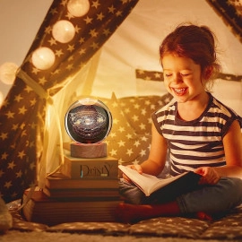 3D Galaxy Crystal Ball Night Light Creative Engraved Aesthetic Ball Dim Night Lamp, USB Powered Bed Table Lamp LED Wooden Base for Home Decoration, Birthday, Gifts, Teens (Dolphine Lamp)