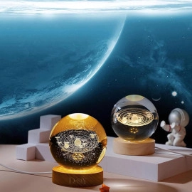 3D Galaxy Crystal Ball Night Light Creative Engraved Aesthetic Ball Dim Night Lamp, USB Powered Bed Table Lamp LED Wooden Base for Home Decoration, Birthday, Gifts, Teens (Dolphine Lamp)