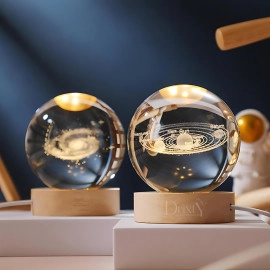 3D Galaxy Crystal Ball Night Light Creative Engraved Aesthetic Ball Dim Night Lamp, USB Powered Bed Table Lamp LED Wooden Base for Home Decoration, Birthday, Gifts, Teens (Dolphine Lamp)