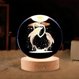 3D Galaxy Crystal Ball Night Light Creative Engraved Aesthetic Ball Dim Night Lamp, USB Powered Bed Table Lamp LED Wooden Base for Home Decoration, Birthday, Gifts, Teens (Dolphine Lamp)