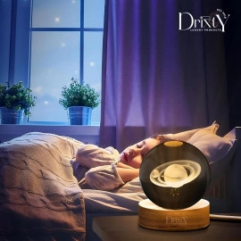 3D Galaxy Crystal Ball Night Light Creative Engraved Aesthetic Ball Dim Night Lamp, USB Powered Bed Table Lamp LED Wooden Base for Home Decoration, Birthday, Gifts, Teens (Dolphine Lamp)