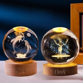 3D Galaxy Crystal Ball Night Light Creative Engraved Aesthetic Ball Dim Night Lamp, USB Powered Bed Table Lamp LED Wooden Base for Home Decoration, Birthday, Gifts, Teens (Dolphine Lamp)