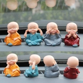 DeLush Designs Resin Buddha Monk Statue, Little Baby Monk,Cartoon Monk Set, Buddha Showpiece for Home Décor Car Dashboard Decoration & Gifiting Purpose (Multicolour)(Set of 4)