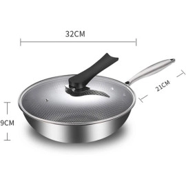 32 cm Frying Pan, Non Stick Fry Pan with Glass Lid, Frypan Double Sided Honeycomb Stainless Steel Wok, Three-Layer Steel