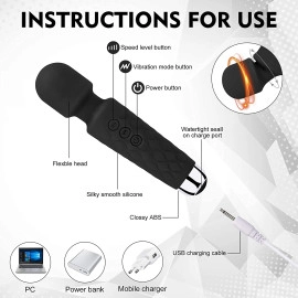 Full Body Massager for Women & Men, Rechargeable Wireless Massager Machine for Pain Relief, Handheld Massager with Medical Grade Silicone, 8 Speeds, 20 Modes, (Black)