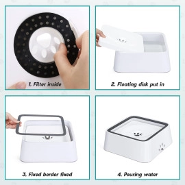 Plastic Dog Water Bowl Non Spill, 70Oz/2L Large Pet Water Bowl With Filter, Slow Water Feeder Vehicle Carried Splash Free For Dogs Cats Pets, Floating Disk
