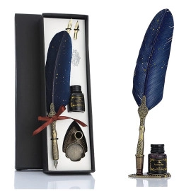 Vintage Carving Feather Pen Set, Glittering Quill Pen Set Antique Calligraphy Writing Dip Pen with Black Ink, 2 Replacement Nibs, Pen Stand Base, Luxury Signature Pen (Blue)