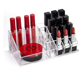 16 Compartment Cosmetic Display Cases Makeup Jewelry Lipstick Storage Organizer Holder Box, 21.2L x 12.5W x 7.8H cm. (Black) (Plastic)