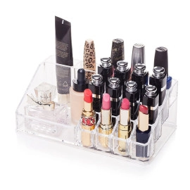 Plastic 16 Compartment Cosmetic Display Cases Makeup Lipstick Storage Organizer Holder Box Case,Transparent (22L x 12.2W x 7.5H)
