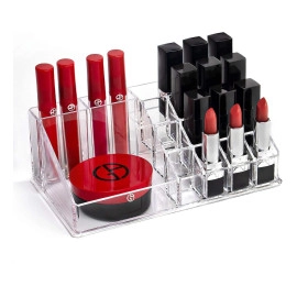 Plastic 16 Compartment Cosmetic Display Cases Makeup Lipstick Storage Organizer Holder Box Case,Transparent (22L x 12.2W x 7.5H)