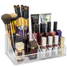 Plastic 16 Compartment Cosmetic Display Cases Makeup Lipstick Storage Organizer Holder Box Case,Transparent (22L x 12.2W x 7.5H)