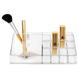 Plastic 16 Compartment Cosmetic Display Cases Makeup Lipstick Storage Organizer Holder Box Case,Transparent (22L x 12.2W x 7.5H)
