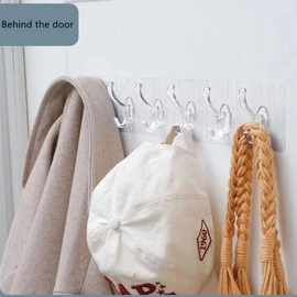 Hooks for Wall Without Drilling - 6 Hook Strip, 2 Pack - Transparent, Wall Mounted - Wall Hooks for Hanging Strong - Adhesive Hooks for Wall Heavy Duty