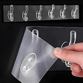 Hooks for Wall Without Drilling - 6 Hook Strip, 2 Pack - Transparent, Wall Mounted - Wall Hooks for Hanging Strong - Adhesive Hooks for Wall Heavy Duty