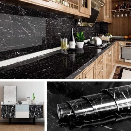 Black Marble Sticker For Kitchen Countertops Waterproof Black Marble Wallpaper Self Adhesive And Removable Marble Paper For Kitchen Bathroom Cabinet Furniture (60*200 Cm)