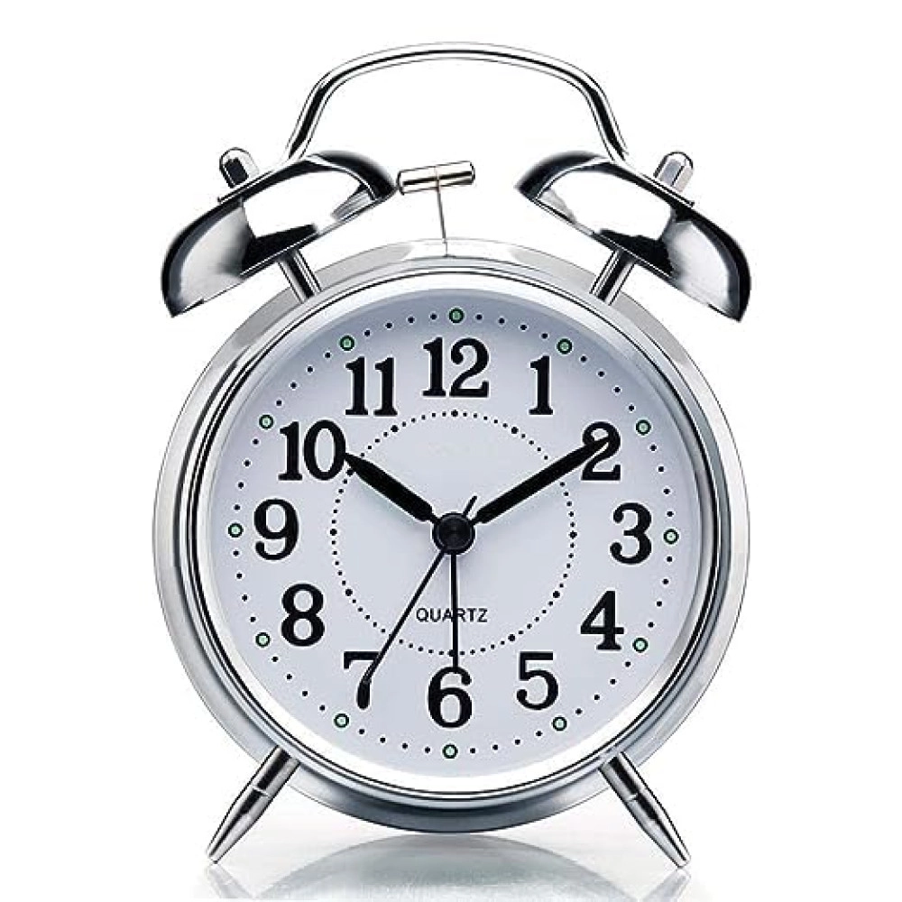 Vintage Twin Bell Table Alarm Clock with Night LED Light Heavy Slippers Extra Loud Alarm Clock Ideal for Student and Kids Bedroom (Silver)