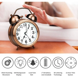 Vintage Twin Bell Table Alarm Clock with Night LED Light Heavy Slippers Extra Loud Alarm Clock Ideal for Student and Kids Bedroom (Silver)