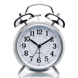 Vintage Twin Bell Table Alarm Clock with Night LED Light Heavy Slippers Extra Loud Alarm Clock Ideal for Student and Kids Bedroom (Silver)