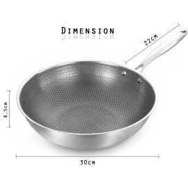 30CM Non-Stick Stainless Steel Pan Honeycomb Design PFOA Free Dishwasher Cooking Pan Omelet Egg Pan (Silver, 1-Pcs)